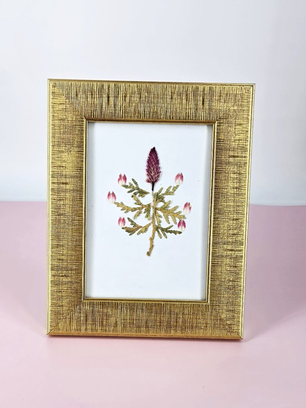 Hobby Lobby NWOT Gold Metallic Painted Frame Pressed Pink Flower/Juniper Cottage